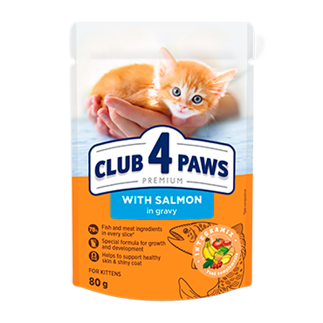 CLUB 4 PAWS PREMIUM FOR KITTENS "WITH SALMON IN GRAVY". СOMPLETE CANNED PET FOOD